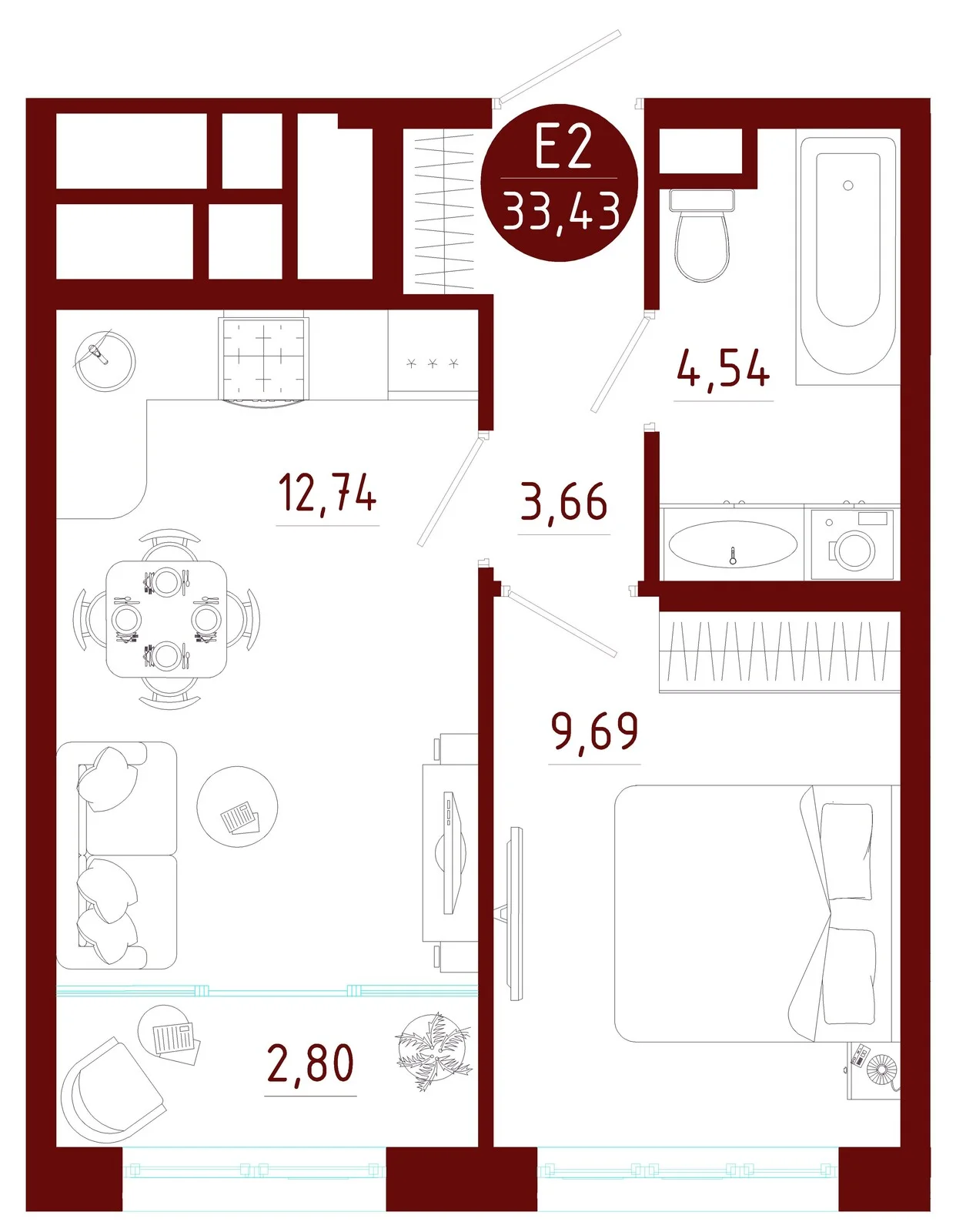 Планировка Квартира с одной спальней и гостиной 16 м² (Евро-2)