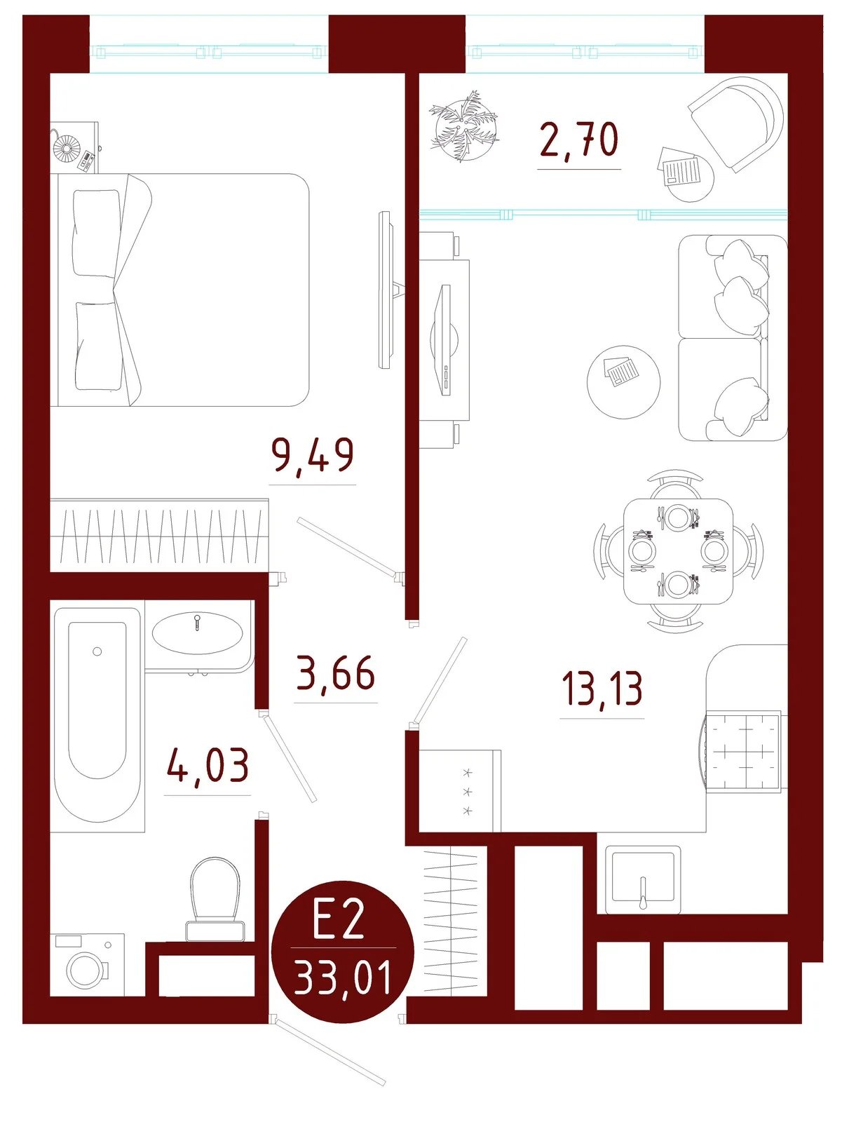 Планировка Квартира с одной спальней и гостиной 16 м² (Евро-2)
