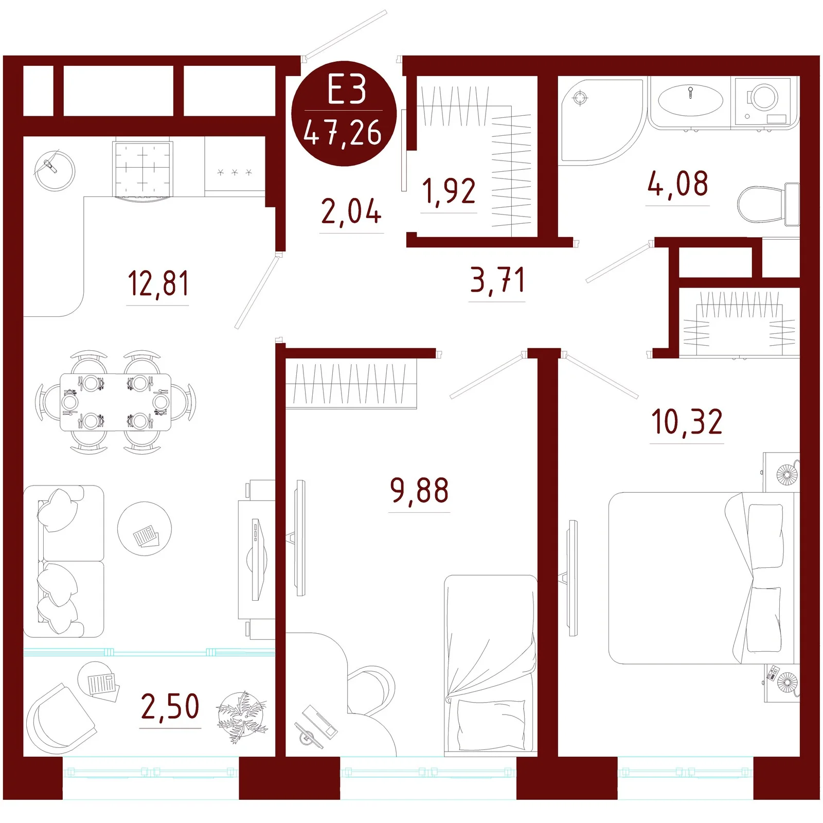 Планировка Квартира с двумя спальнями и гостиной 15 м² (Евро-3)