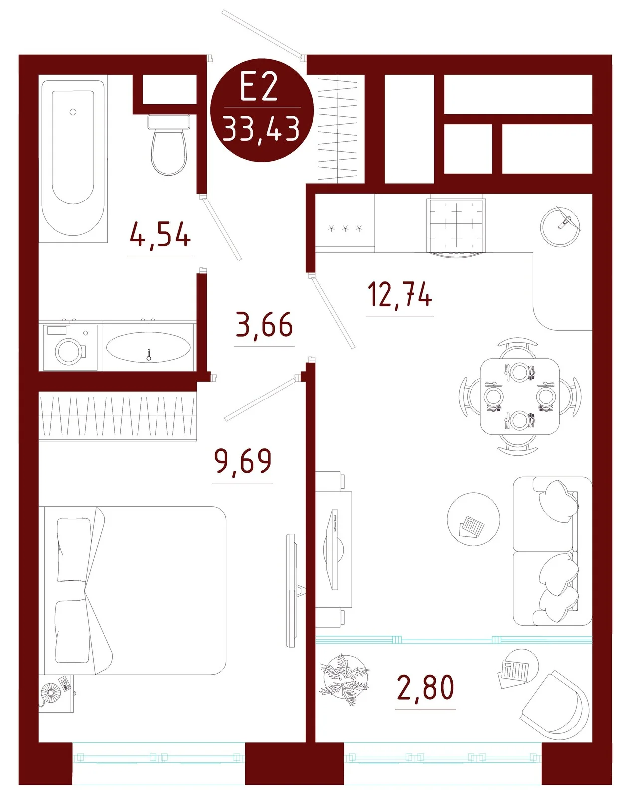 Планировка Квартира с одной спальней и гостиной 16 м² (Евро-2)