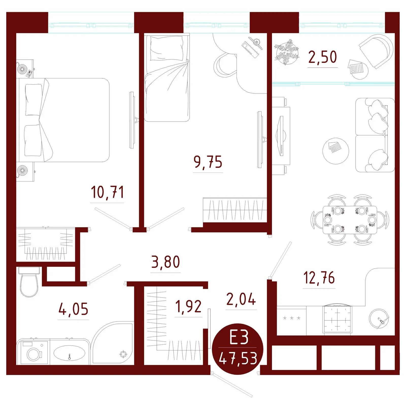 Планировка Квартира с двумя спальнями и гостиной 15 м² (Евро-3)