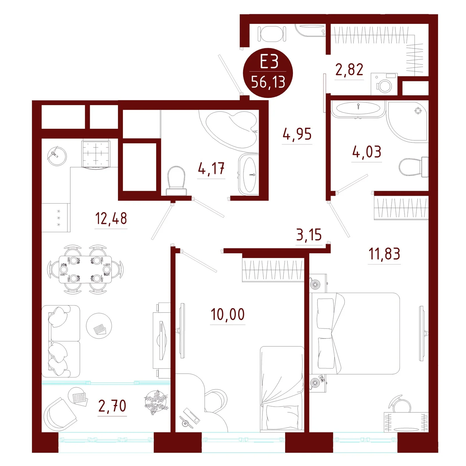 Планировка Квартира с двумя спальнями и гостиной 15 м² (Евро-3)