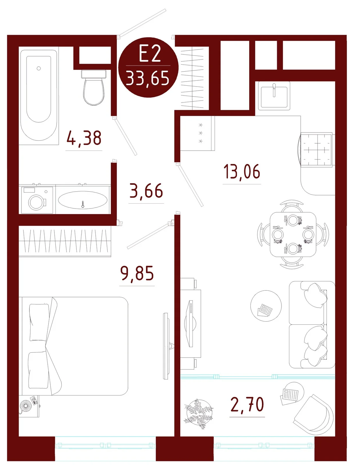 Планировка Квартира с одной спальней и гостиной 16 м² (Евро-2)
